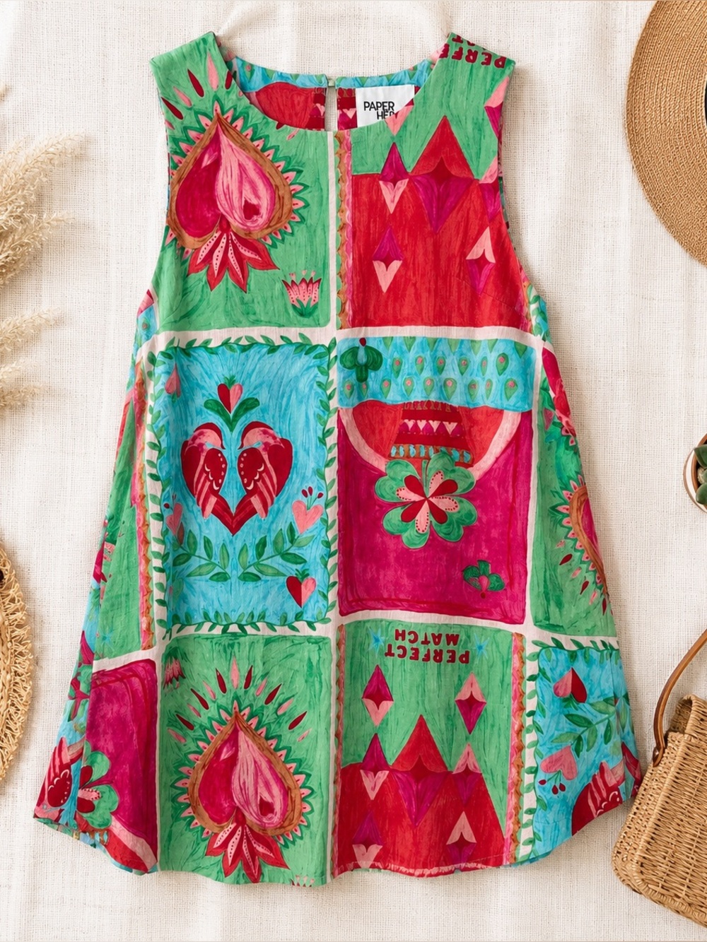 Paper Heart Dress Womens Small Multicolor Linen Blend Sleeveless Artsy Shift